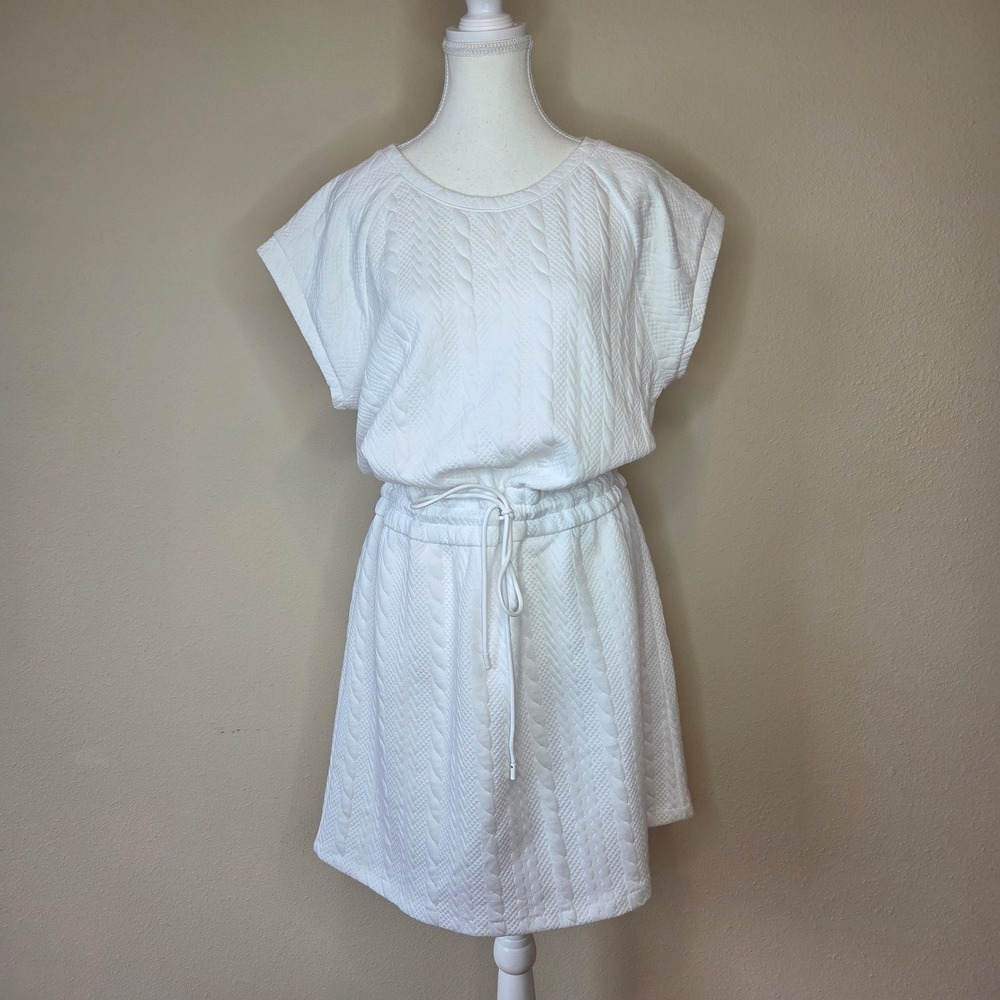 T by Talbots White Quilted Cable Knit Short Sleeve Drawstring Waist Dress Large